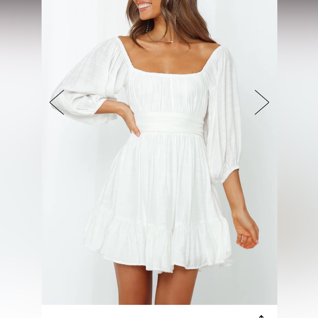 Hello Molly White Dress. Puffy Mid Length Sleeves. Tied Bow In The Back. Size S.